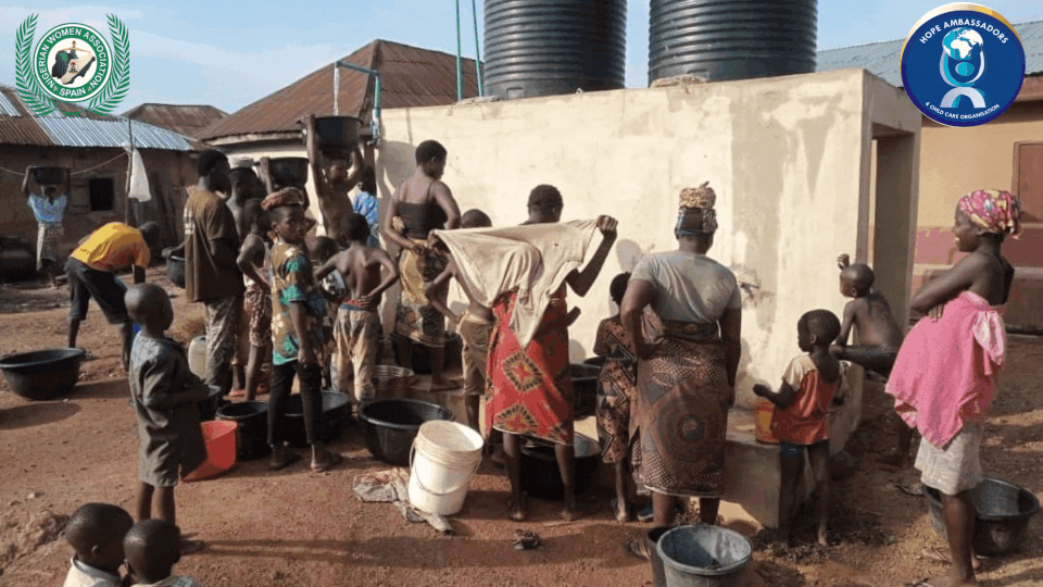 Families collecting clean water from an NWAMS-supported borehole